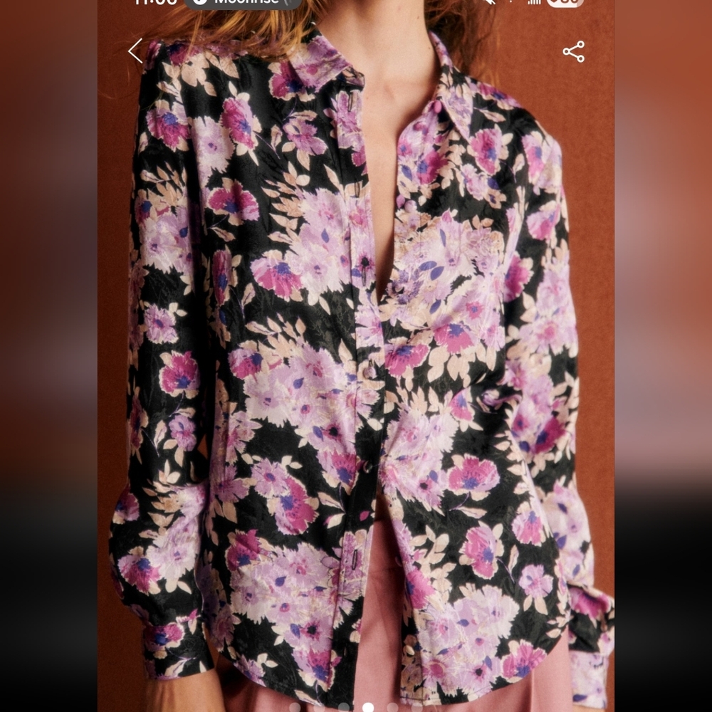 Sezane Ann Floral Black and Purple Button Down Top